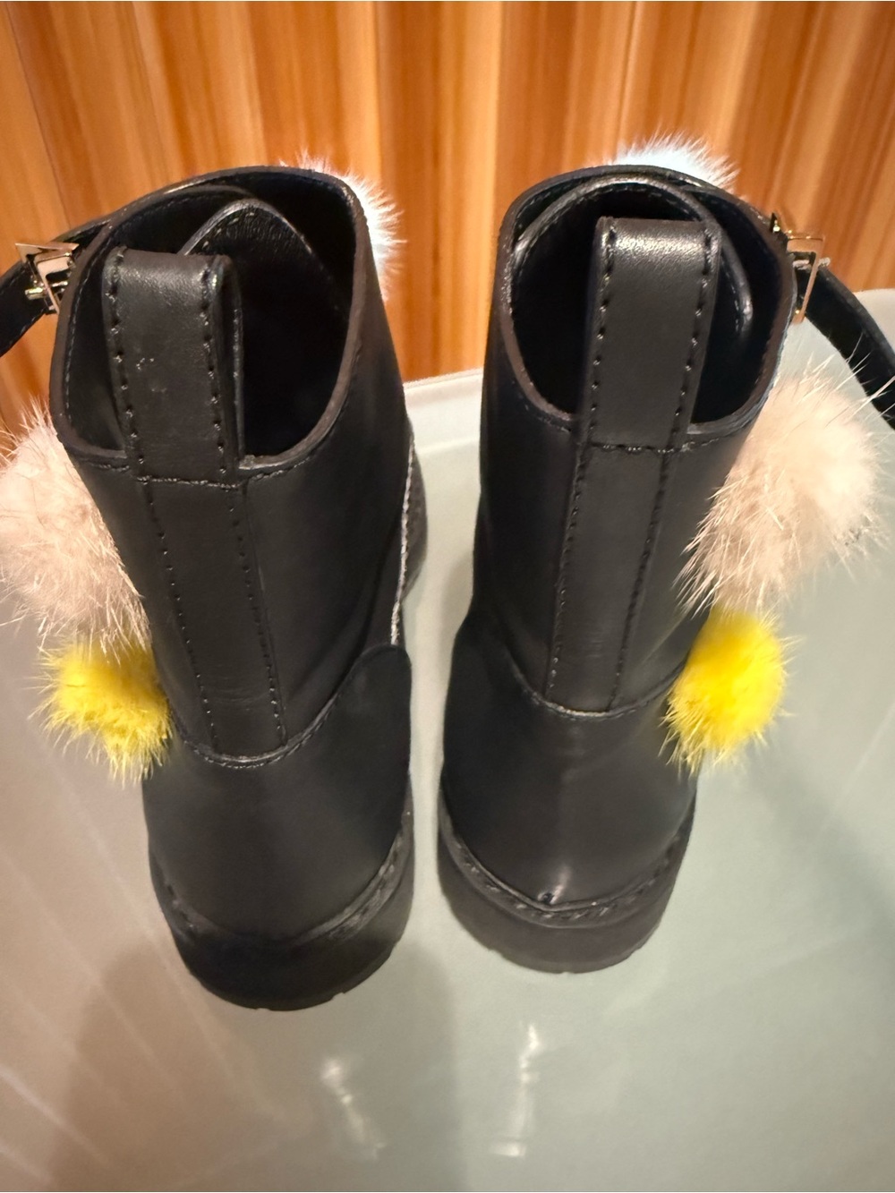 Fendi Black Leather Combat Boots with Blue, Peach and Green Pom-Poms - Picture 4 of 7